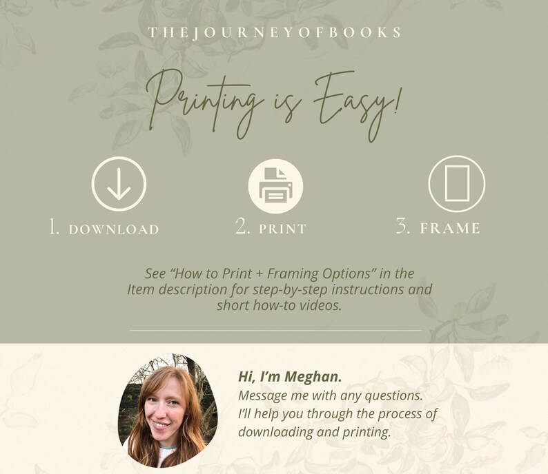 May include: An informational graphic with the text "Printing is Easy!" and instructions for downloading, printing, and framing. The image includes a photo of a woman and the text "Hi, I'm Meghan. Message me with any questions."