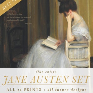 K&ouml;nnte beinhalten: Eine digitale Illustration einer Frau, die ein Buch liest. Das Bild ist im Vintage-Stil mit ged&auml;mpften Farben gehalten. Der Text "Our entire JANE AUSTEN SET ALL 22 PRINTS + all future designs Shop link in item description" befindet sich am unteren Rand des Bildes.