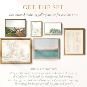 May include: A set of five framed prints featuring vintage landscapes and a page of text from Psalm 23. The prints are in a muted color palette of blues, greens, and neutrals. The text reads "the Lord our God is with us, therefore we lack nothing."