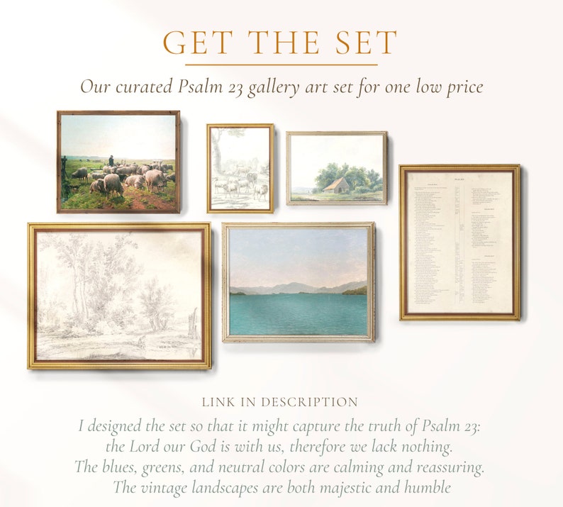 May include: A set of five framed prints featuring vintage landscapes and a page of text from Psalm 23. The prints are in a muted color palette of blues, greens, and neutrals. The text reads "the Lord our God is with us, therefore we lack nothing."