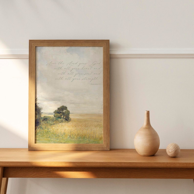 The vintage oil painting is a perfect fit for a farmhouse style home. It pairs well with warm woods, and whites. It's a subtle way to bring Christina truth into your home decor.
