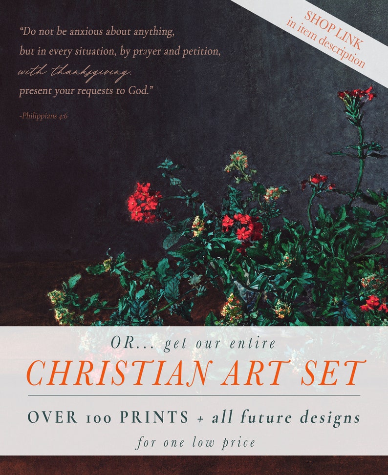May include: A dark background with text from Philippians 4:6 and a floral arrangement with red flowers. The text reads "Do not be anxious about anything... present your requests to God." The image also promotes a Christian Art Set.