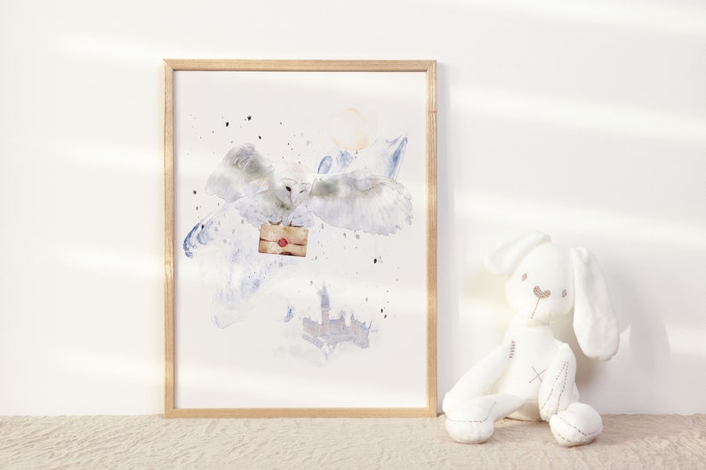 Close up of a snowy owl delivering a letter while flying over a castle in the distance. With pale blue watercolor splashes and a yellow moon in the background.