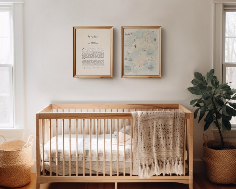 The last two design in the Peter Pan nursery set are a vintage rendition of the first page of the book. And a watercolor map of Neverland.