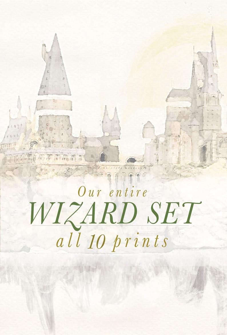 Nursery Wizard Art Collection, Printable Set of 10, Whimsical Magic Castle, Snowy Owl Baby Decor, Literary Playroom Print image 1