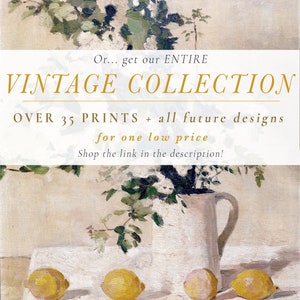 May include: A still life painting of a white pitcher with a bouquet of white flowers and four yellow lemons on a white tablecloth. The text "Or... get our ENTIRE VINTAGE COLLECTION OVER 35 PRINTS + all future designs for one low price Shop the link in the description!" is superimposed on the image.