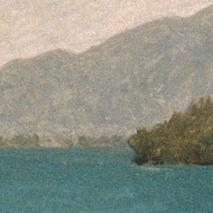 May include: A painting of a lake with a mountain range in the background. The lake is a light blue color and the mountains are a light gray color. There are trees on the shore of the lake.