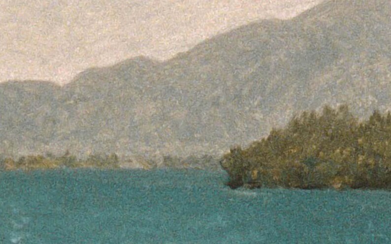 May include: A painting of a lake with a mountain range in the background. The lake is a light blue color and the mountains are a light gray color. There are trees on the shore of the lake.