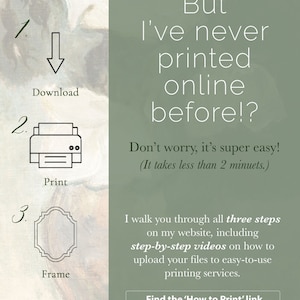 May include: A green and white graphic with instructions on how to download, print, and frame a digital file. The text reads "But I've never printed online before!? Don't worry, it's super easy! (It takes less than 2 minutes.) I walk you through all three steps on my website, including step-by-step videos on how to upload your files to easy-to-use printing services. Find the 'How to Print' link in the Item Description"