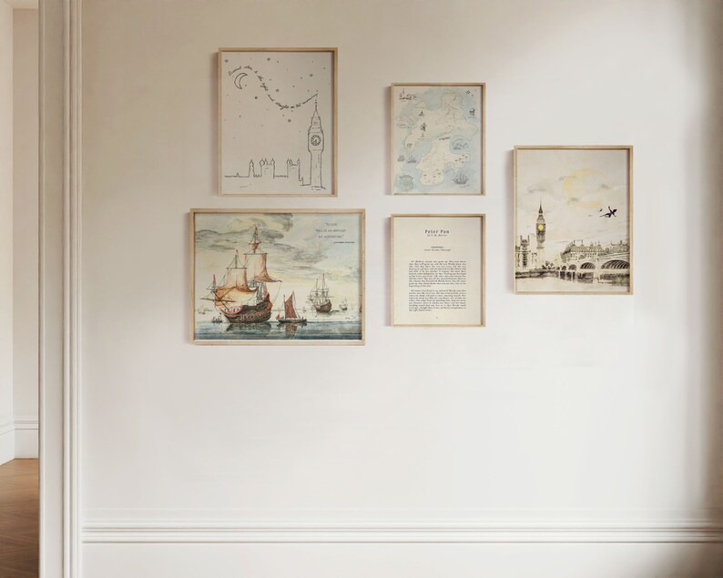 This Peter Pan nursery art is a gallery set of 5 designs depicting the adventures from J M Barries classic children's book. It has scenes of Peter Pan flying over London, a map of Neverland and Pirate ships on a sea.