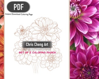 Set of 2 Coloring Pages "DAHLIA" (Dark & Light Version) | Instant Download Printable Files (PDF)