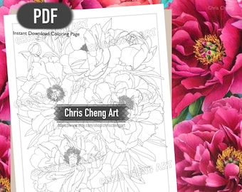 Coloring Page "PEONIES" | Instant Download Printable File (PDF)