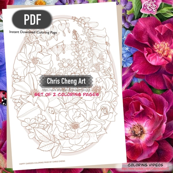 Set of 2 Coloring Pages "HAPPY GARDEN" (Dark & Light Version) | Instant Download Printable Files (PDF)