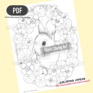 以下が含まれることがあります： 花に囲まれたウサギを描いた白黒の塗り絵。ページには「Chris Cheng Art」の文字が書かれている。「JUNE 六月 BY CHRIS CHENG」の文字はページの下部にあり、「COLORING VIDEOS https://www.youtube.com/c/ColorvscolourCC」の文字はページの右下に書かれている。