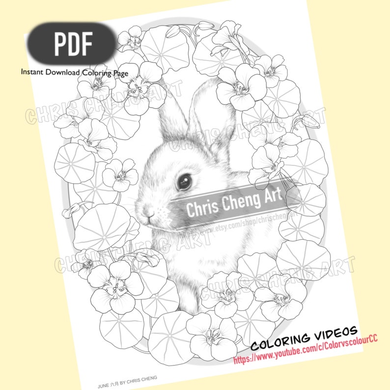 以下が含まれることがあります： 花に囲まれたウサギを描いた白黒の塗り絵。ページには「Chris Cheng Art」の文字が書かれている。「JUNE 六月 BY CHRIS CHENG」の文字はページの下部にあり、「COLORING VIDEOS https://www.youtube.com/c/ColorvscolourCC」の文字はページの右下に書かれている。
