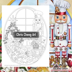 May include: A black and white coloring page featuring a nutcracker in a chef's hat, a Christmas tree, and a gingerbread house. The text "Chris Cheng Art" and "Cozyxmas Coloring Page by Chris Cheng" is included.