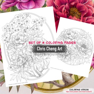 May include: A set of four coloring pages featuring detailed illustrations of peonies and cherry blossoms. The pages are titled "Chris Cheng Art" and include the artist's website address. The text "Set of 4 Coloring Pages" is also included.
