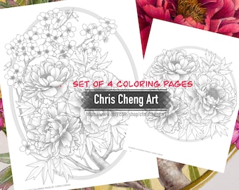 Set of 4 Coloring Pages "PEONIES LOVE" | Instant Download Printable Files (PDF)