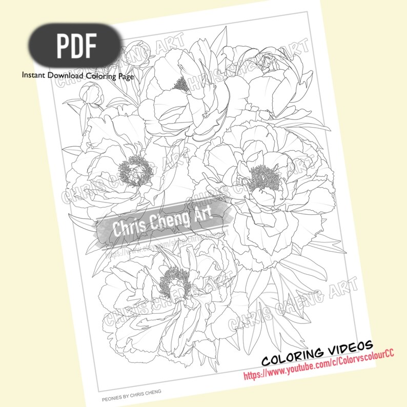 Coloring Page peonies Instant Download Printable - Etsy