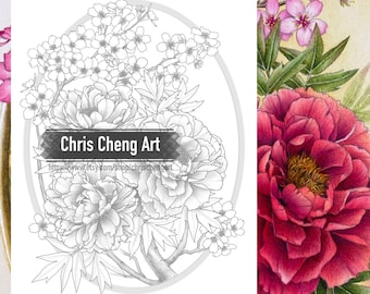 Set of 2 Coloring Pages "PEONIES" | Instant Download Printable Files (PDF)