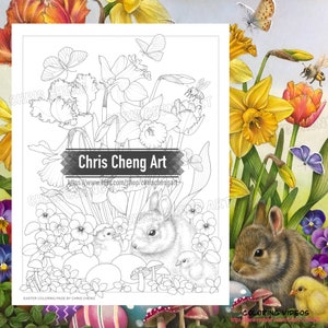 Może przedstawiać: Czarno-biała strona do kolorowania przedstawiająca królika, dwa pisklęta i bukiet narcyzów. Strona zawiera tekst "Chris Cheng Art" i adres strony internetowej. Strona nosi tytuł "Strona do kolorowania na Wielkanoc autorstwa Chrisa Cheng".