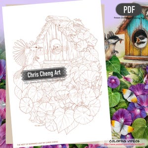 Puede incluir: Una página para colorear en PDF imprimible con una ilustración detallada de una casa para pájaros rodeada de vides de gloria de la mañana y mariposas. La imagen incluye el texto "Chris Cheng Art" y "The Nest of Morning Light by Chris Cheng".