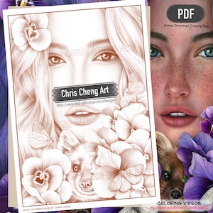 Puede incluir: Una página para colorear en blanco y negro con el rostro de una mujer rodeado de flores y un animal pequeño. El texto "Chris Cheng Art" y "Nova Coloring Page by Chris Cheng" está incluido en la imagen.