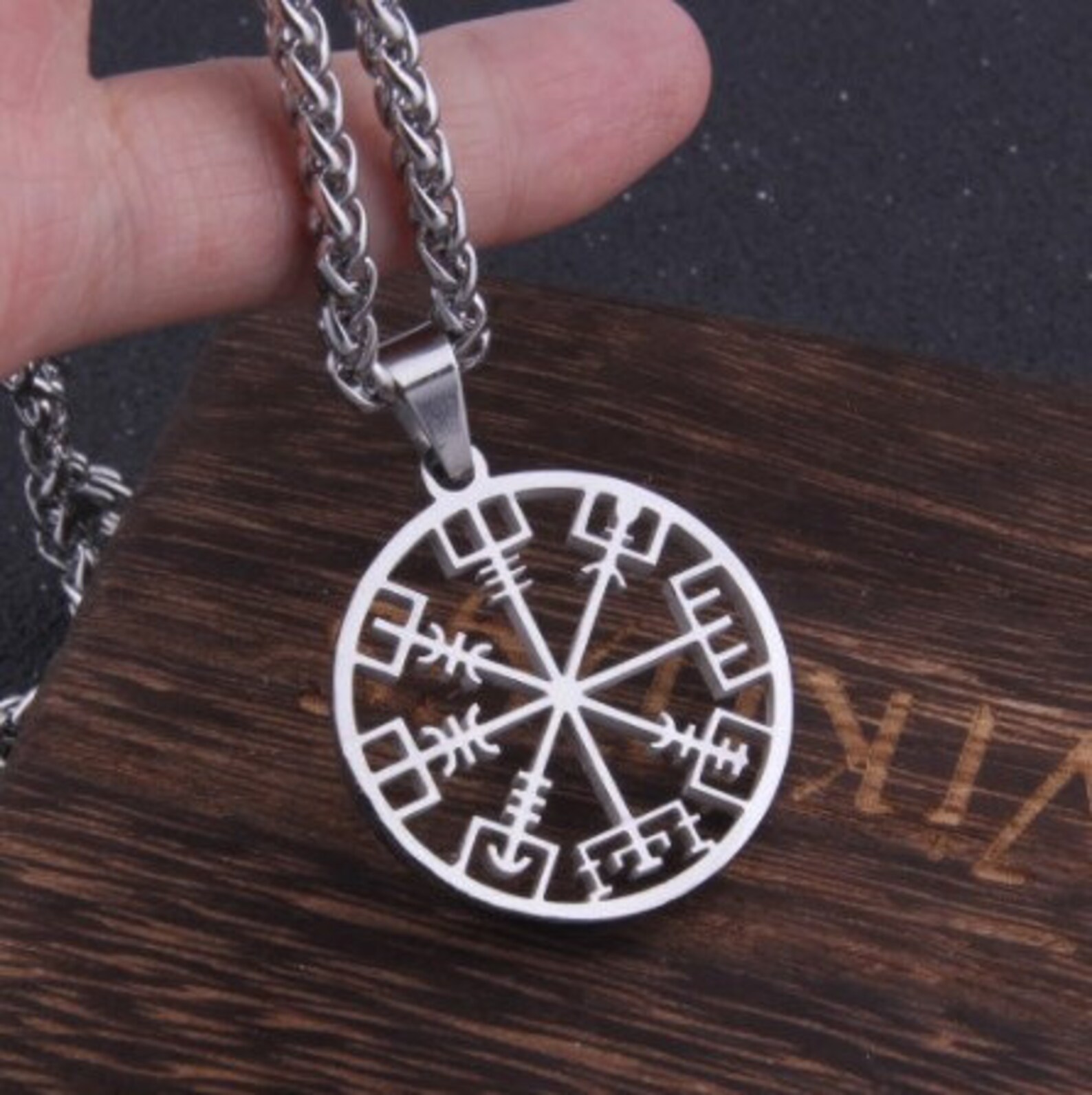 Stainless steel Viking vegvisir necklace gift with wooden | Etsy