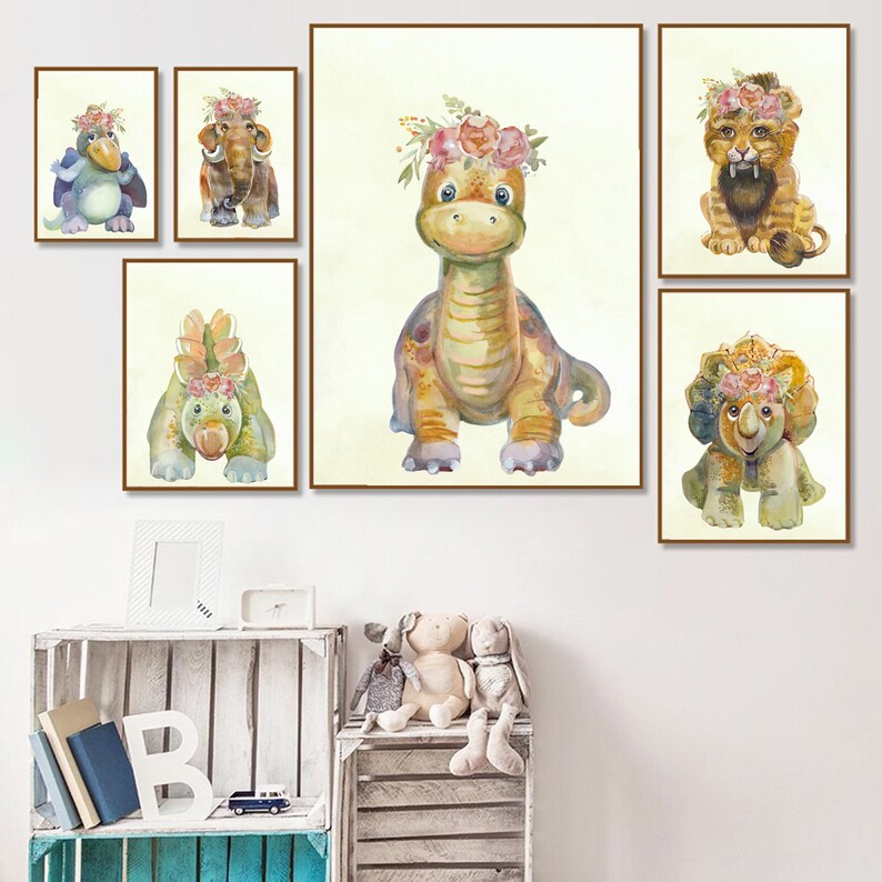 Dinosaur wall art Girl room wall decor Baby girl dinosaur Etsy