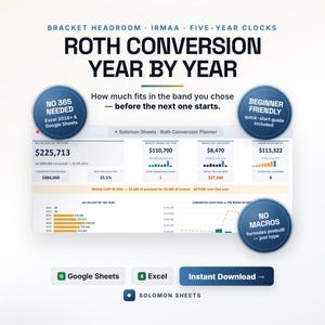 Roth Conversion Planner, IRA Tax Bracket Calculator, IRMAA RMD Template (Excel/Google Sheets)