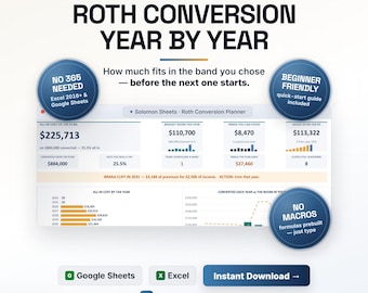 Roth Conversion Planner, IRA Tax Bracket Calculator, IRMAA RMD Template (Excel/Google Sheets)