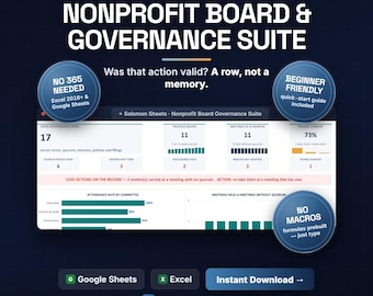 Nonprofit Board Governance Suite | Quorum, Terms, Minutes Adopted, Disclosures and the Filing Clock | Excel and Google Sheets