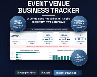 Event Venue Business Tracker, Wedding Booking, Occupancy, Break-Even Analysis (Excel/Google Sheets)