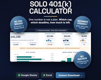 Solo 401k Contribution Calculator, Self Employed Retirement Planner, SE Tax Computed, Excel Google Sheets
