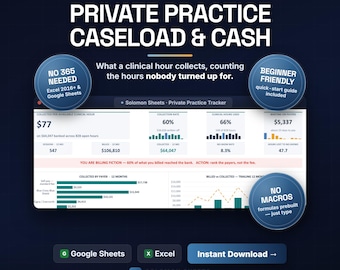 Therapist Private Practice Tracker, Clinical Hour Income, No-Show Log (Excel/Google Sheets)