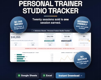 Personal Trainer Studio Tracker, Excel/Google Sheets, Revenue, Churn, Break-Even (Digital Download)