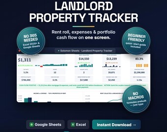 Landlord Property Tracker, Rent Roll, Expenses, Cash Flow (Excel/Google Sheets)