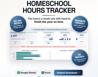 Homeschool Planner Spreadsheet, Attendance Tracker, Hours Log Record Keeping, Curriculum Budget, Excel Google Sheets