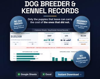 Dog Breeder Kennel Records Spreadsheet, Puppy Litter Tracker, Whelping Calendar (Excel/Google Sheets)