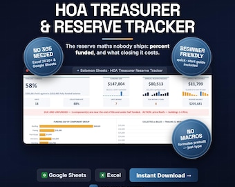 HOA Treasurer Reserve Tracker, Dues Log, Percent Funded (Excel/Google Sheets)
