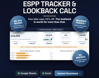 ESPP Tracker & Lookback Calculator, Employee Stock Purchase Plan, Qualifying Disposition Tax Split, Excel Google Sheets