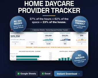 Home Daycare Provider Tracker, Capacity, Attendance, Subsidy, Time-Space (Excel/Google Sheets)
