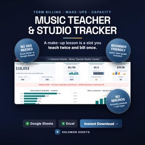 Music Teacher Studio Tracker, Piano Lesson Billing, Make-Up Log (Excel/Google Sheets)