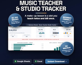 Music Teacher Studio Tracker, Piano Lesson Billing, Make-Up Log (Excel/Google Sheets)