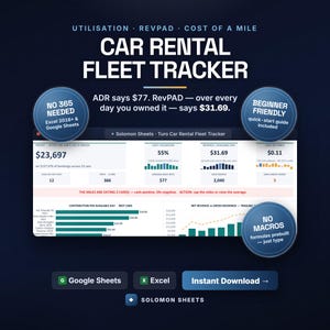 Turo Car Rental Fleet Tracker | Utilisation, RevPAD, Cost Per Mile (Excel, Google Sheets)