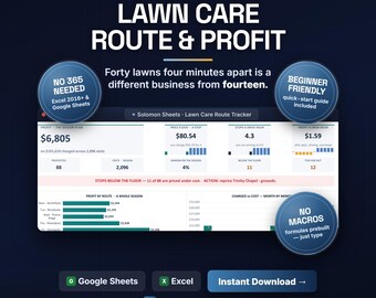 Lawn Care Route Tracker, Mowing Pricing Calculator, Profit Per Stop (Excel/Google Sheets)