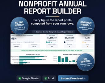 Nonprofit Annual Report Builder Spreadsheet | Reconciled Figures, Functional Split, Donor Roll and Prior Year | Excel and Google Sheets
