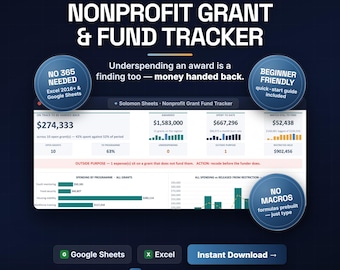 Nonprofit Grant Tracker Spreadsheet, Restricted Fund Spend-Down, Functional Expenses (Excel/Google Sheets)