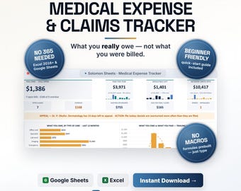 Medical Expense Tracker, Claims, Deductible, HSA Out-of-Pocket (Excel/Google Sheets)