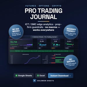 Pro Trading Journal Spreadsheet, Day Trade Log, Forex Futures Tracker (Excel/Google Sheets)